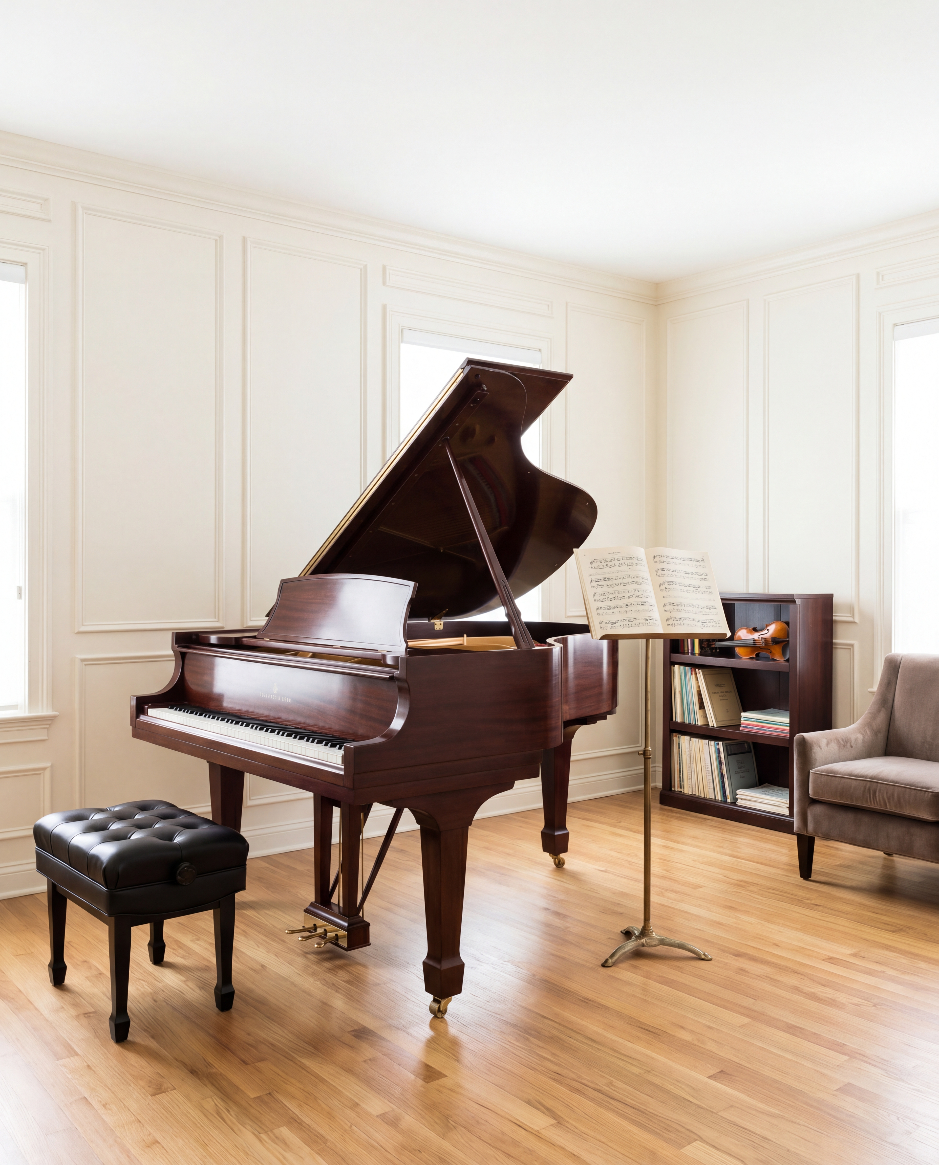 Tunecrafts lesson studio — grand piano with music stand in warm interior light